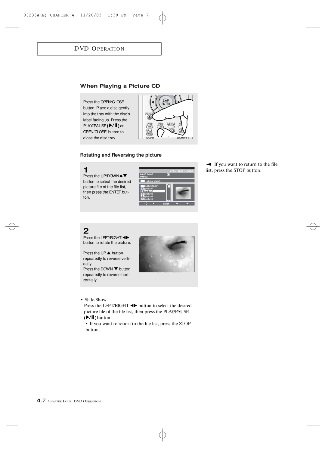 Samsung CFTD2785, CFTD2085, AA68-03265A-00 manual When Playing a Picture CD, Rotating and Reversing the picture, Slide Show 