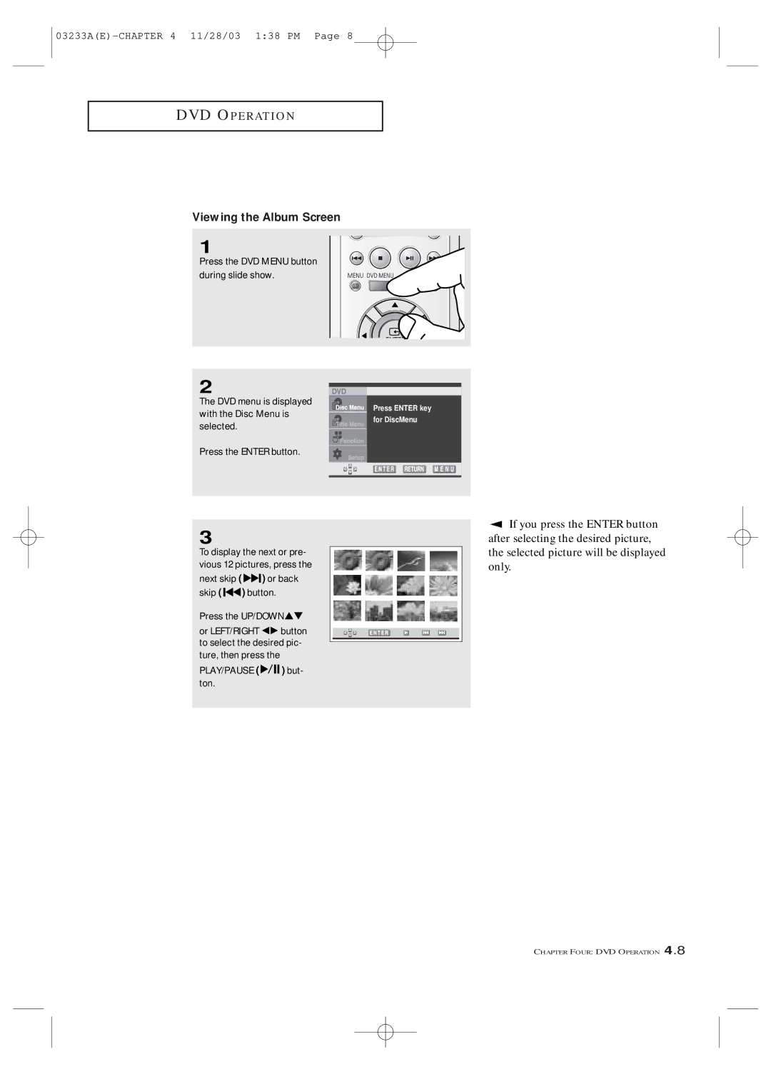 Samsung AA68-03265A-00, CFTD2085, CFTD2785 manual Viewing the Album Screen, If you press the Enter button 