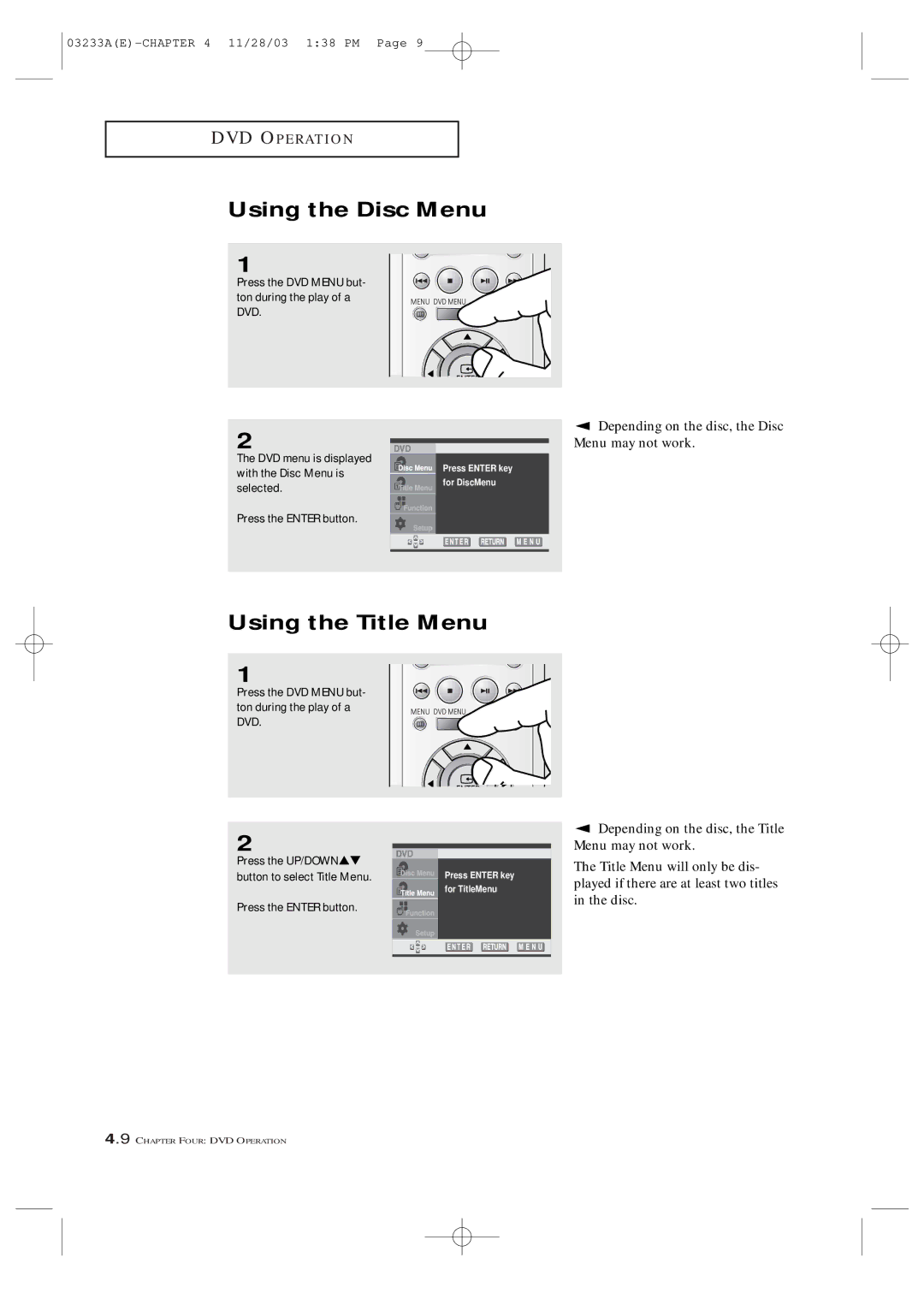 Samsung CFTD2085, CFTD2785 Using the Disc Menu, Using the Title Menu, Depending on the disc, the Disc, Menu may not work 