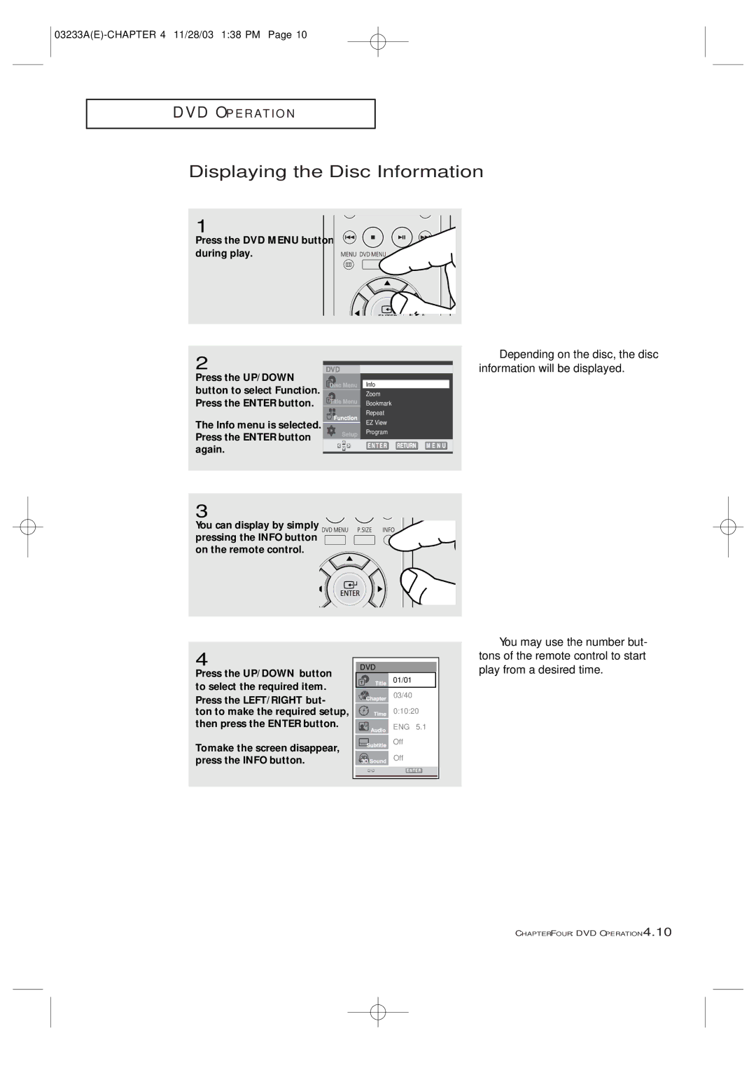 Samsung CFTD2785, CFTD2085 manual Displaying the Disc Information, Information will be displayed, You may use the number but 