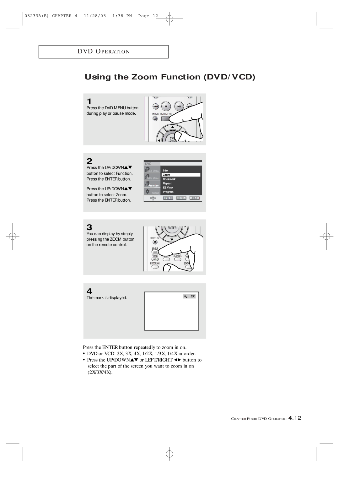 Samsung CFTD2085, CFTD2785, AA68-03265A-00 manual Using the Zoom Function DVD/VCD, Mark is displayed 