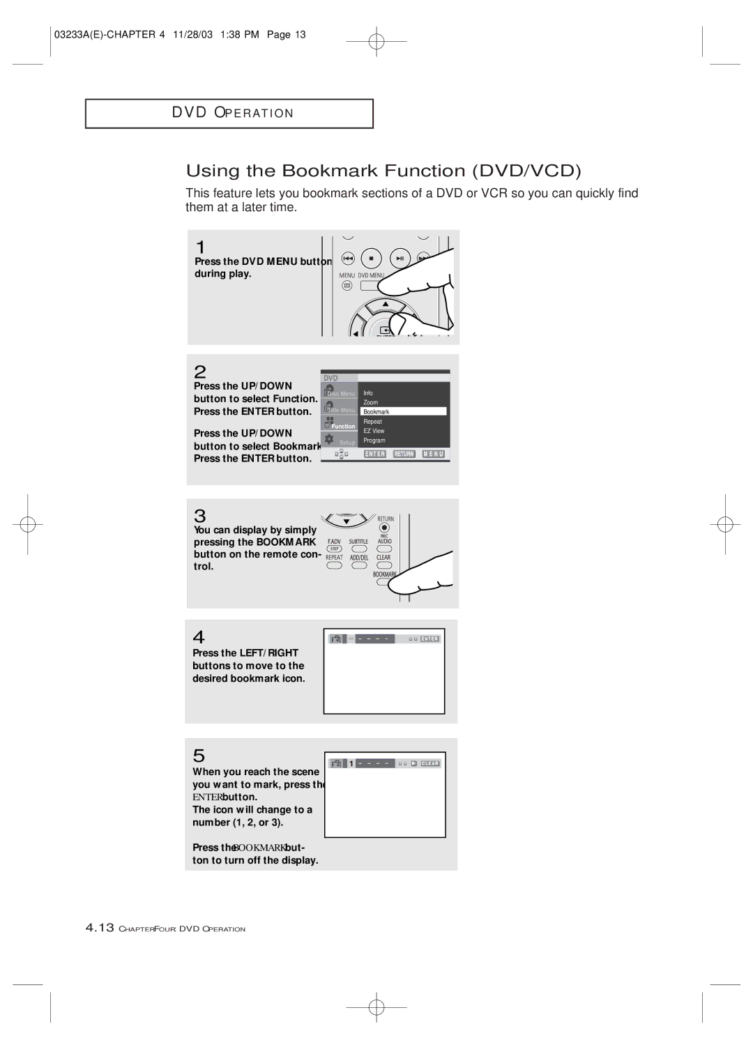 Samsung CFTD2785, CFTD2085, AA68-03265A-00 manual Using the Bookmark Function DVD/VCD, Press the DVD Menu button during play 