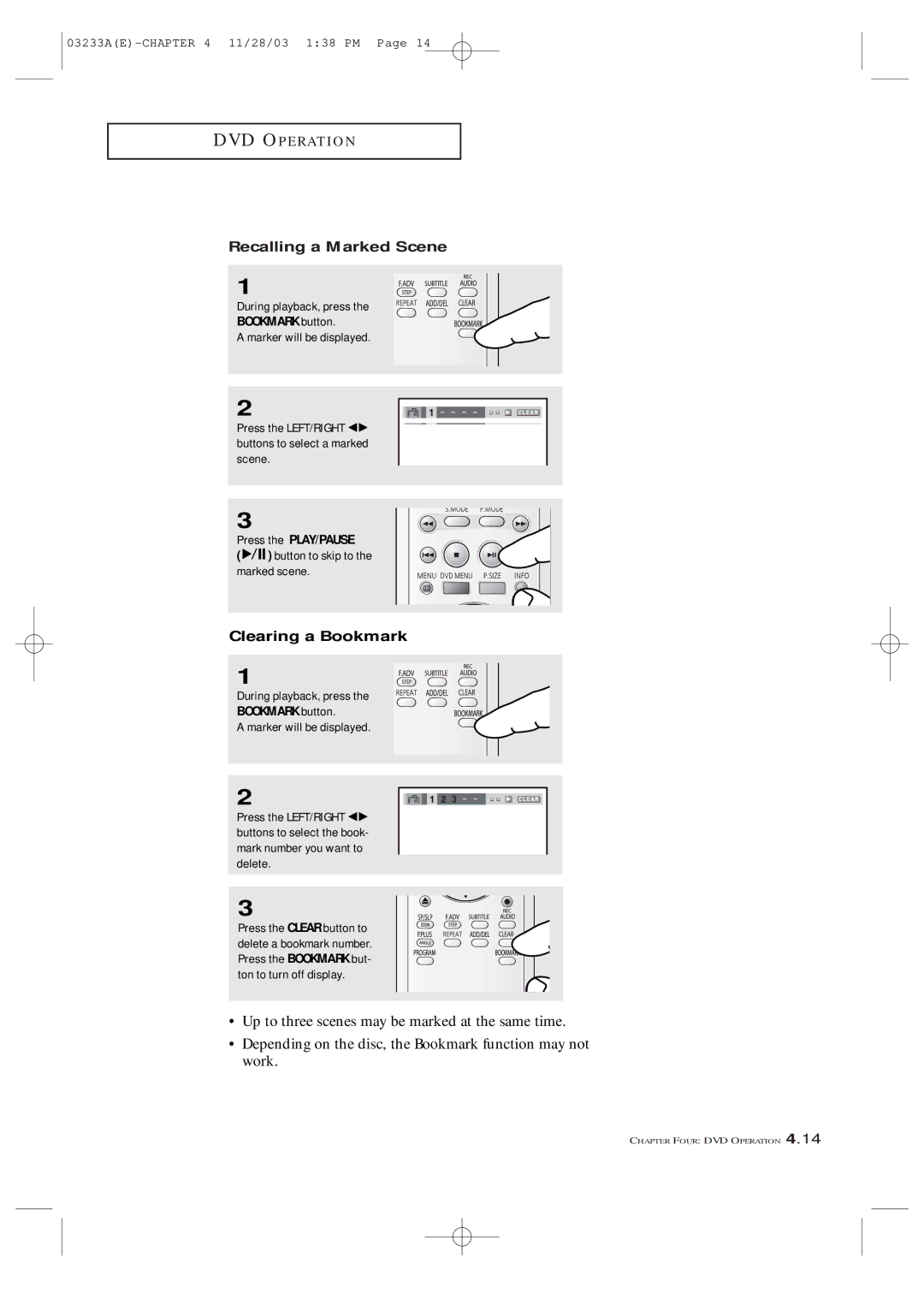 Samsung AA68-03265A-00, CFTD2085, CFTD2785 manual Recalling a Marked Scene, Clearing a Bookmark 