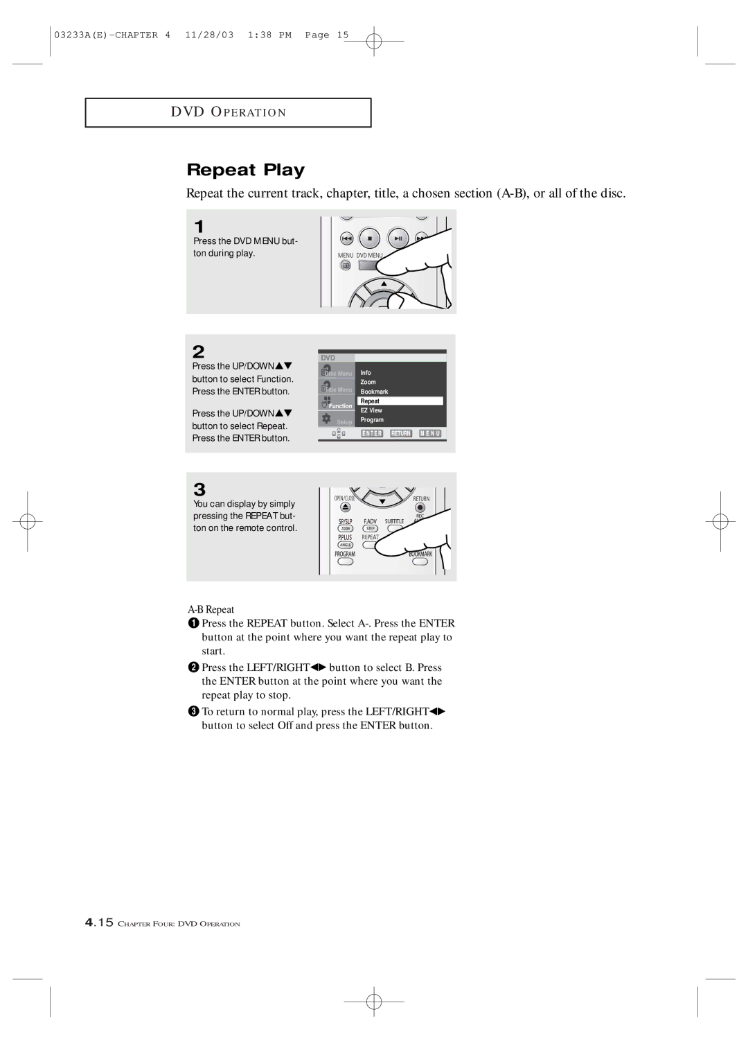 Samsung CFTD2085, CFTD2785, AA68-03265A-00 manual Repeat Play, Press the DVD Menu but- ton during play 