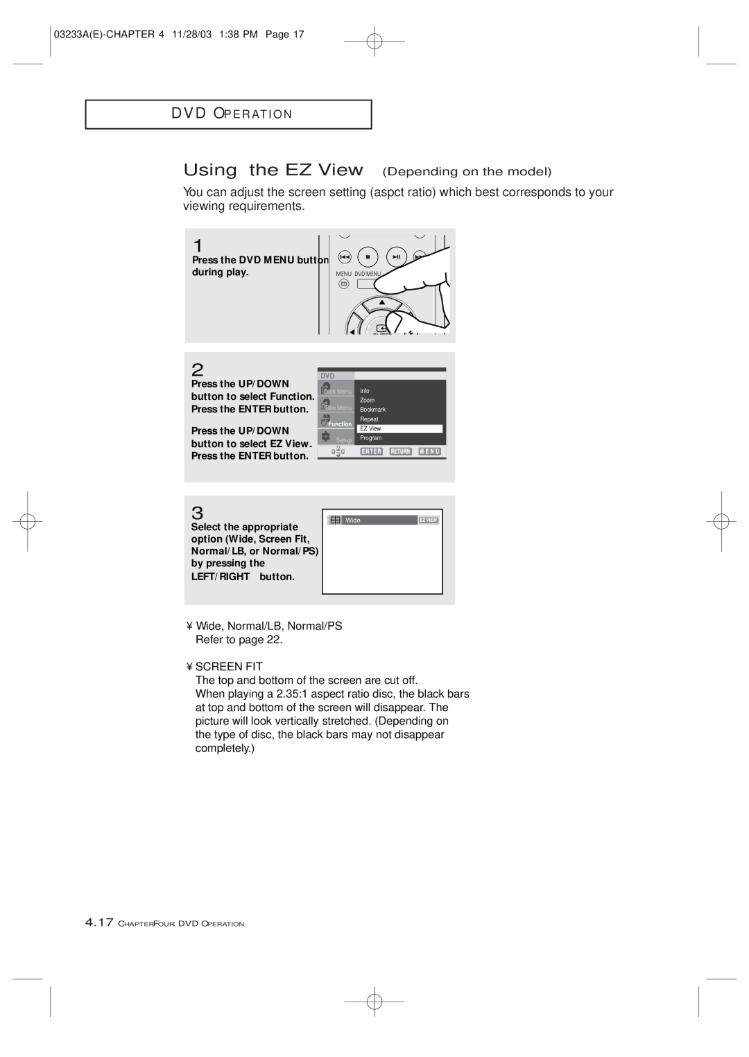 Samsung AA68-03265A-00, CFTD2085, CFTD2785 manual Using the EZ View Depending on the model, Screen FIT 