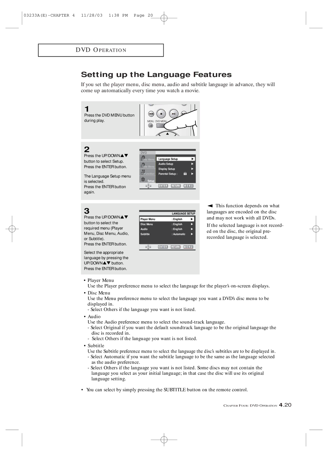 Samsung AA68-03265A-00, CFTD2085, CFTD2785 manual Setting up the Language Features, This function depends on what 