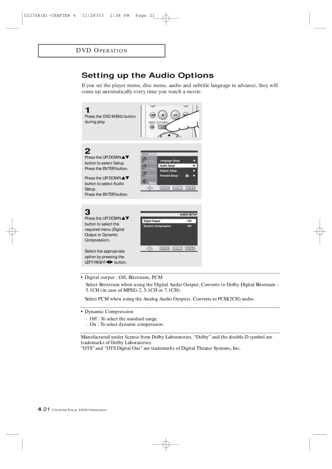 Samsung CFTD2085, CFTD2785, AA68-03265A-00 manual Setting up the Audio Options, Digital output Off, Bitstream, PCM 