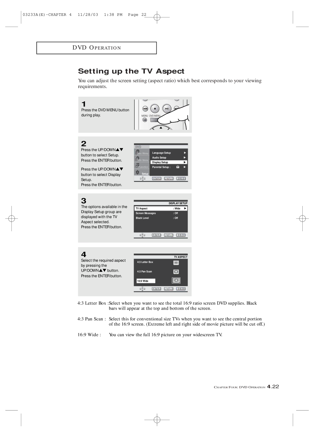 Samsung CFTD2785, CFTD2085, AA68-03265A-00 manual Setting up the TV Aspect 