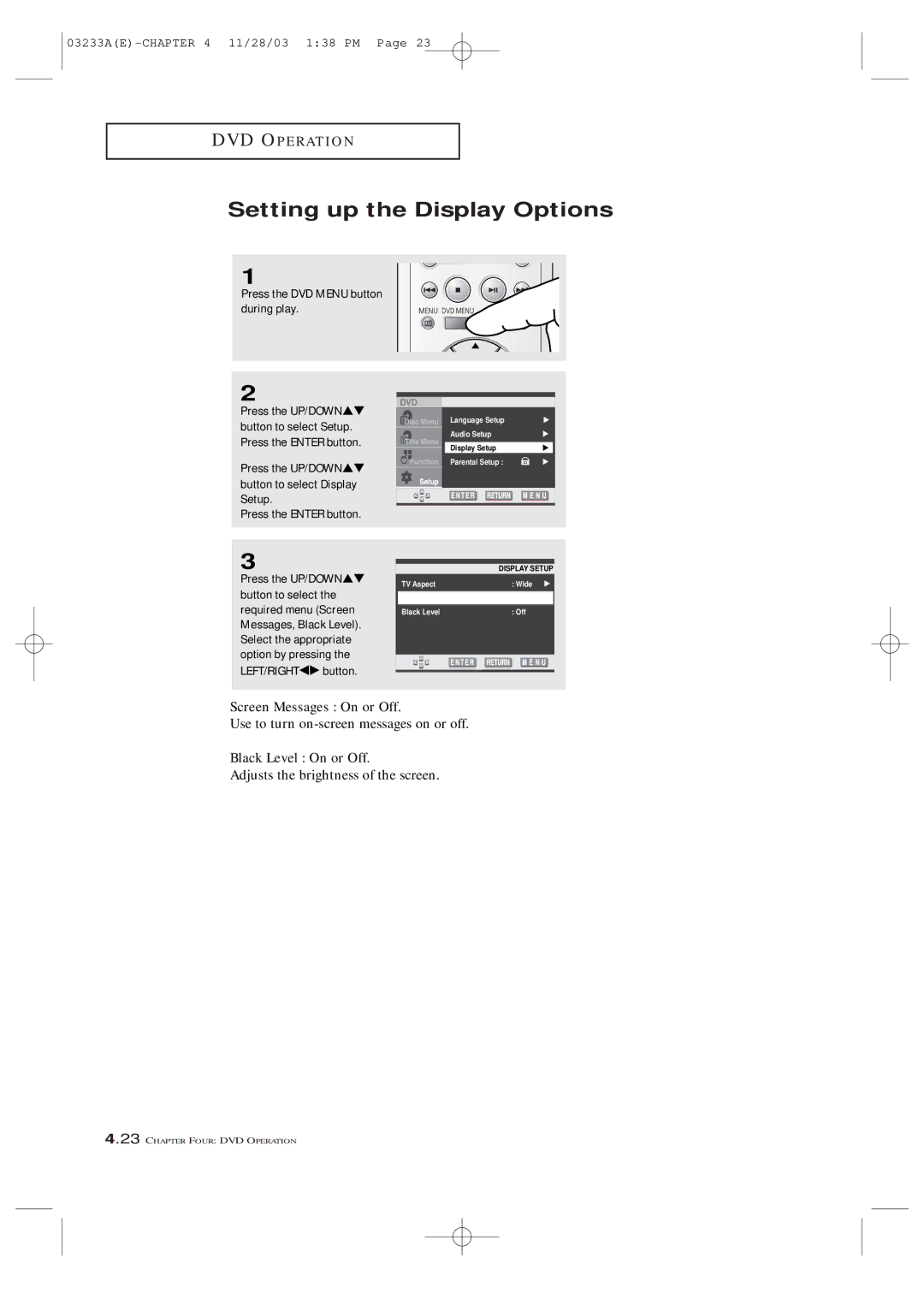 Samsung AA68-03265A-00, CFTD2085, CFTD2785 manual Setting up the Display Options, Use to turn on-screen messages on or off 