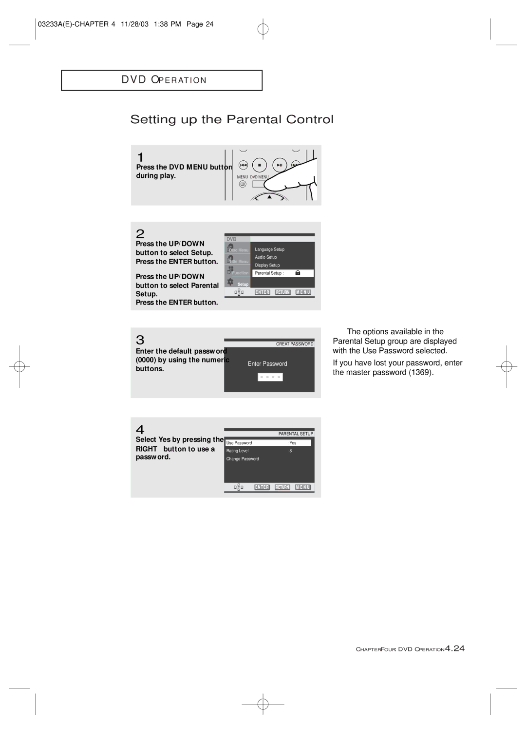 Samsung CFTD2085, CFTD2785, AA68-03265A-00 manual Setting up the Parental Control 