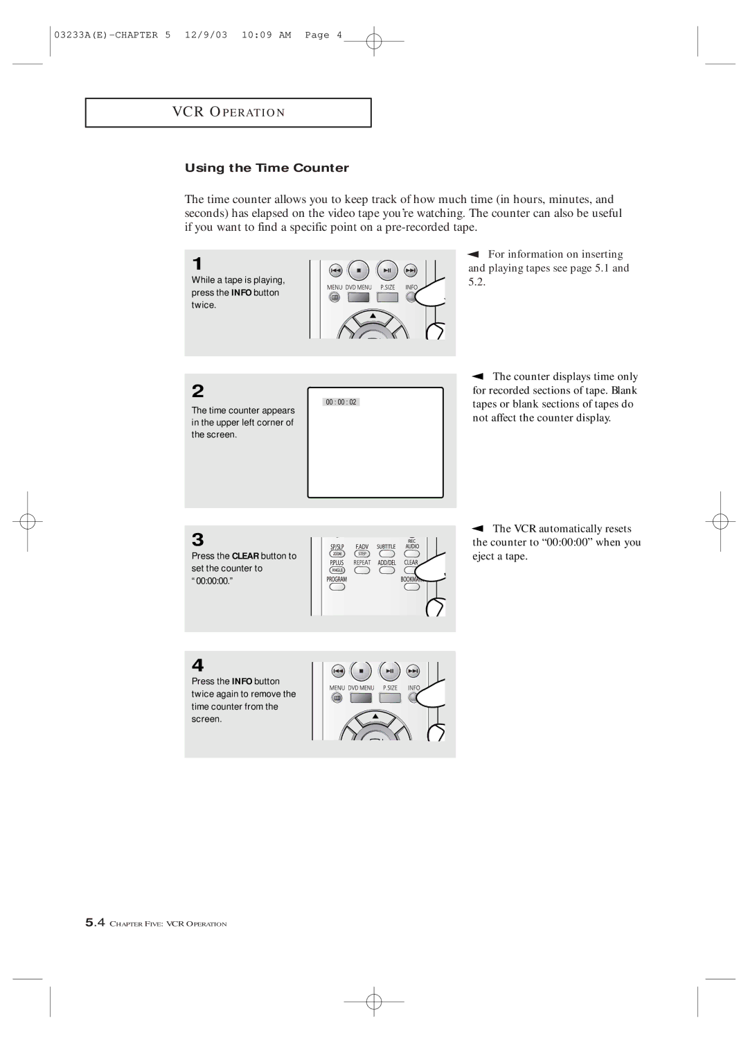 Samsung AA68-03265A-00, CFTD2085, CFTD2785 manual Using the Time Counter, Counter displays time only 