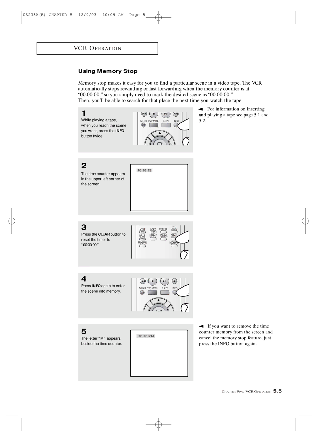 Samsung CFTD2085, CFTD2785, AA68-03265A-00 manual Using Memory Stop, Press the Clear button to reset the timer to 