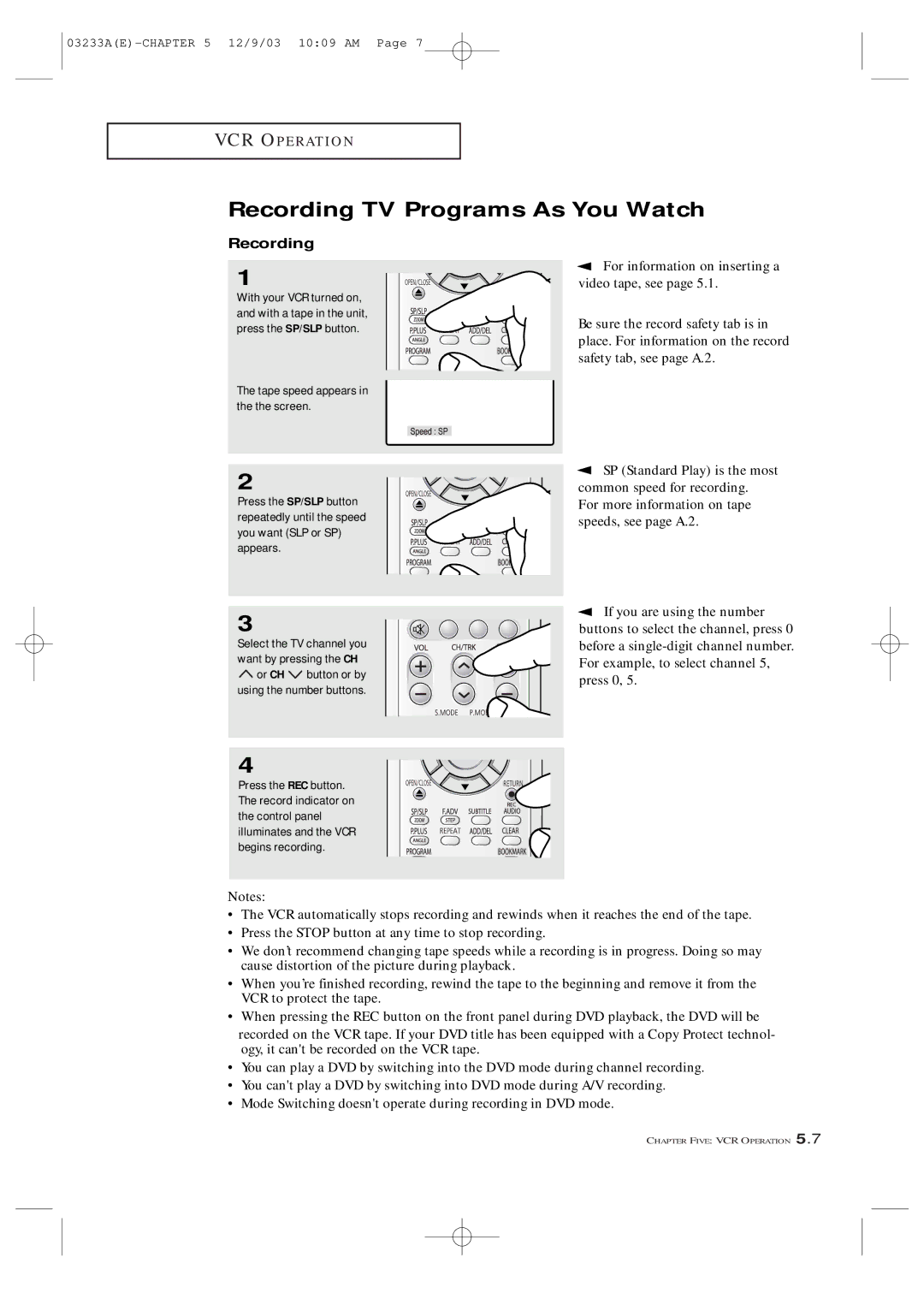 Samsung AA68-03265A-00, CFTD2085, CFTD2785 manual Recording TV Programs As You Watch 