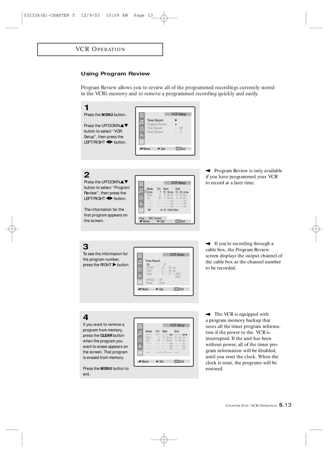 Samsung AA68-03265A-00, CFTD2085, CFTD2785 manual Using Program Review, Program Review is only available 