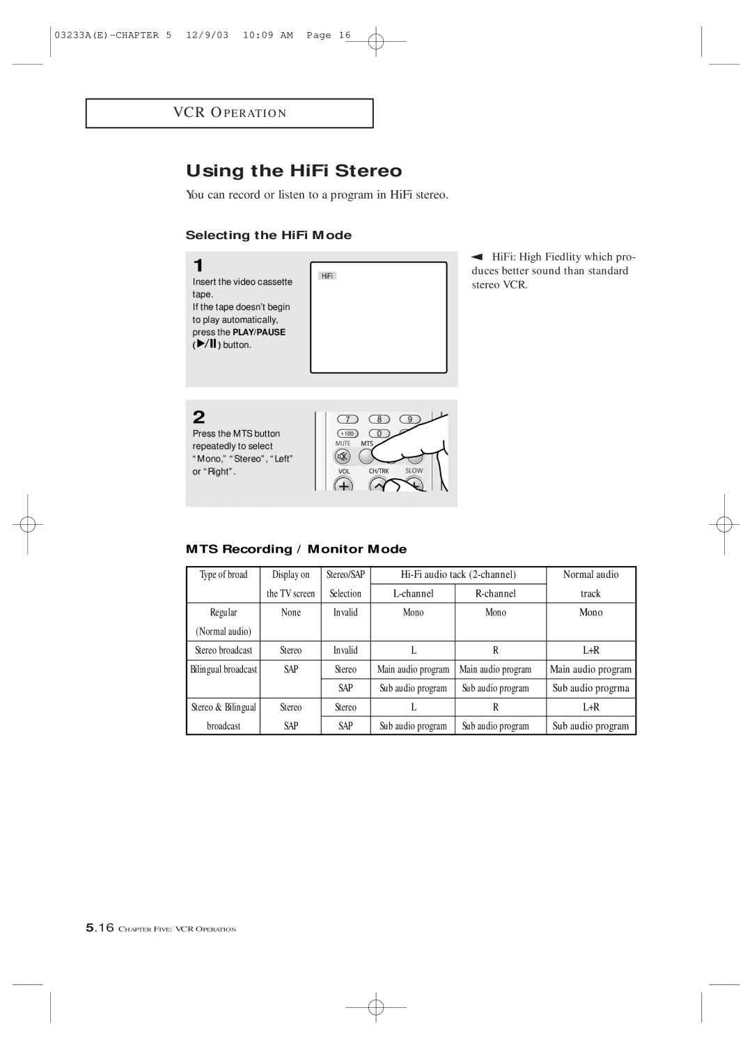 Samsung AA68-03265A-00, CFTD2085, CFTD2785 Using the HiFi Stereo, Selecting the HiFi Mode, MTS Recording / Monitor Mode 