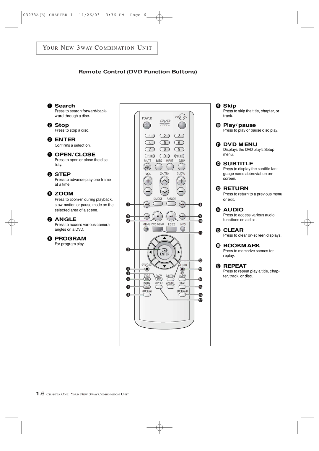 Samsung CFTD2085, CFTD2785, AA68-03265A-00 manual Remote Control DVD Function Buttons 