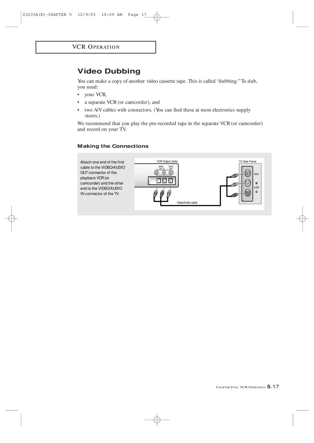 Samsung CFTD2085, CFTD2785, AA68-03265A-00 manual Video Dubbing, Making the Connections 