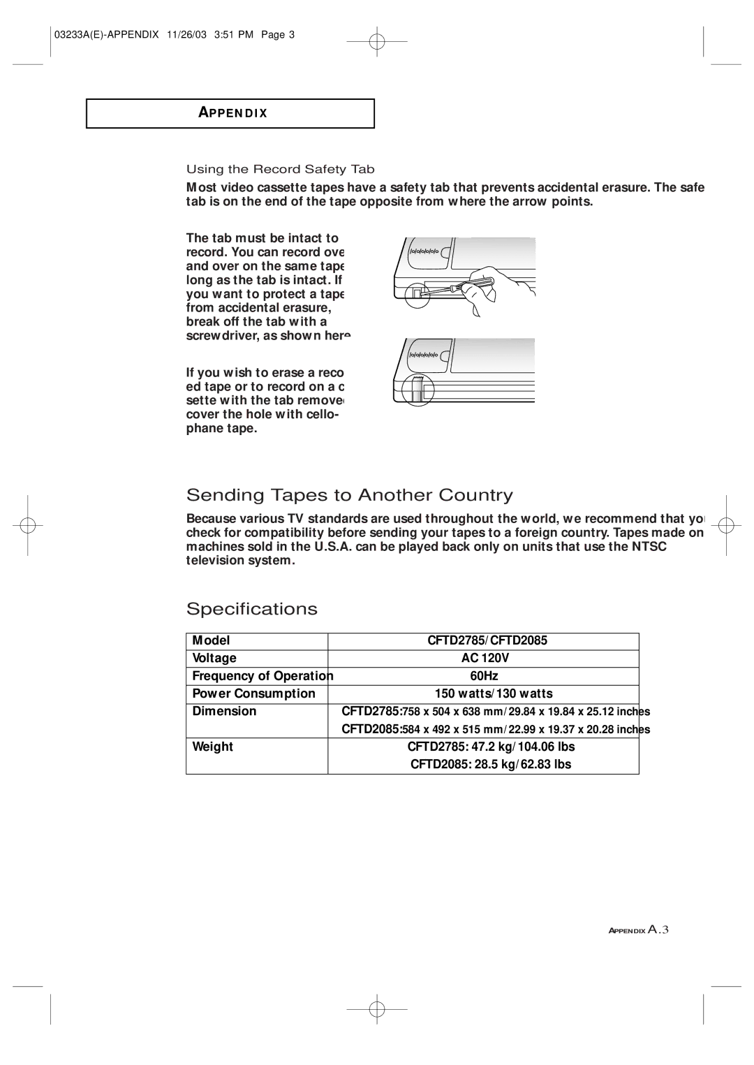 Samsung AA68-03265A-00, CFTD2085, CFTD2785 Sending Tapes to Another Country, Specifications, Using the Record Safety Tab 