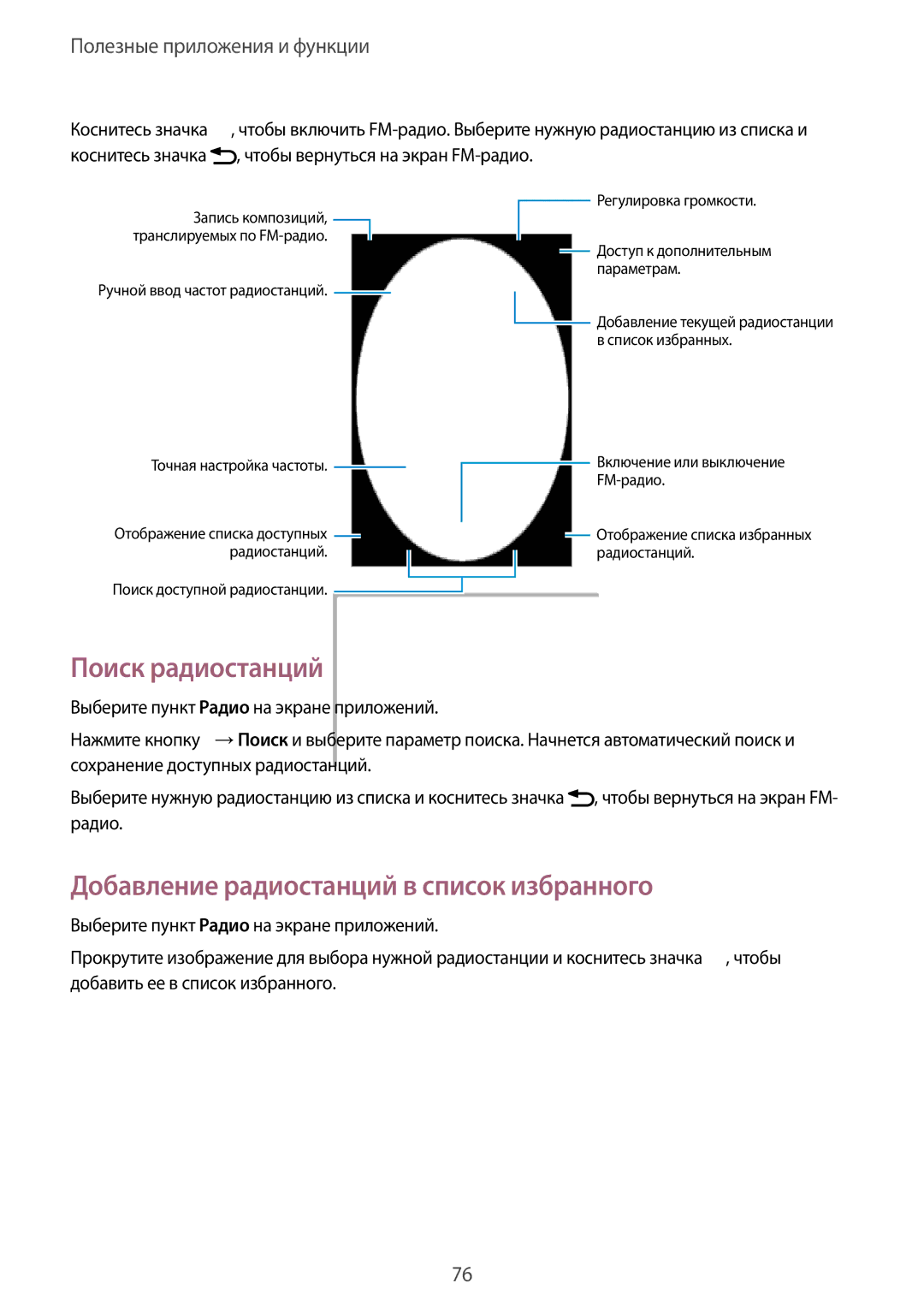 Samsung SM-G130HZAASER, CG-G130HZAPEST, SM-G130HZWASER manual Поиск радиостанций, Добавление радиостанций в список избранного 