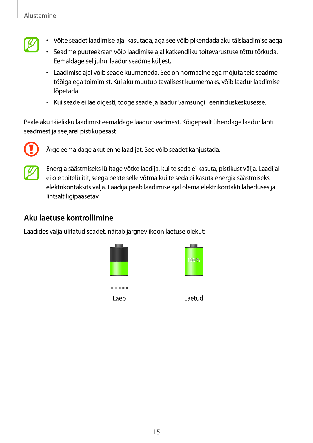 Samsung CG-G355HZKSEST, CG-G355HZWSEST manual Aku laetuse kontrollimine 