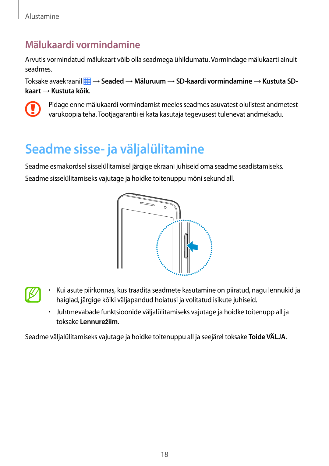 Samsung CG-G355HZWSEST, CG-G355HZKSEST manual Seadme sisse- ja väljalülitamine, Mälukaardi vormindamine 