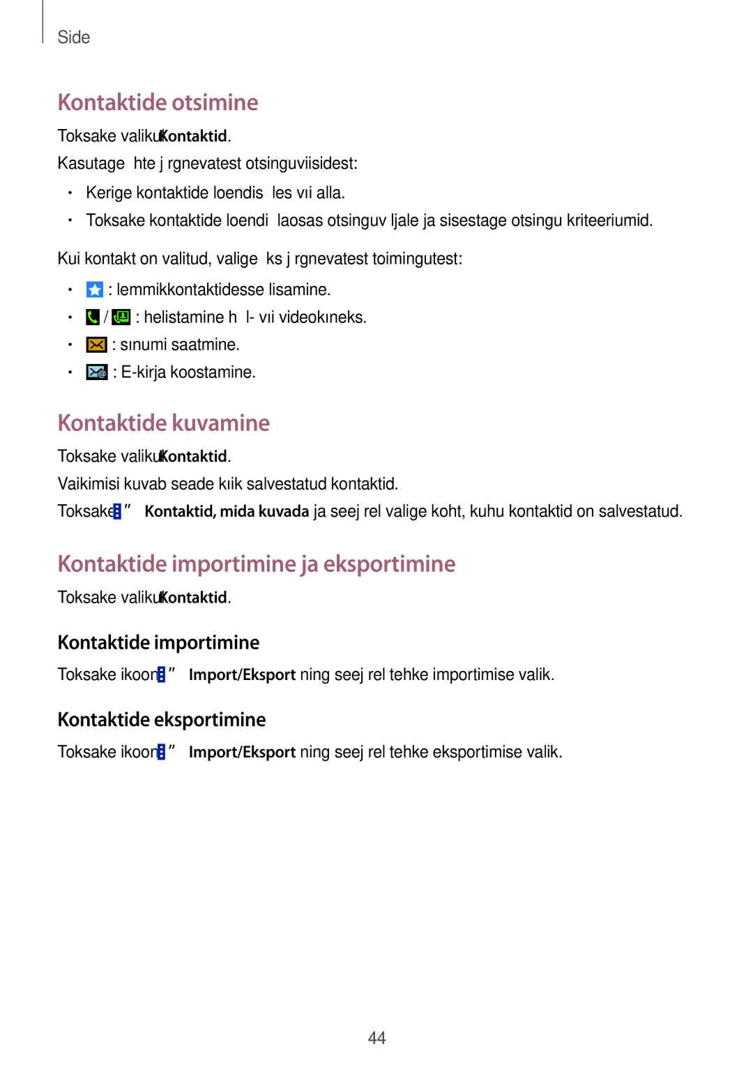 Samsung CG-G355HZWSEST, CG-G355HZKSEST Kontaktide otsimine, Kontaktide kuvamine, Kontaktide importimine ja eksportimine 