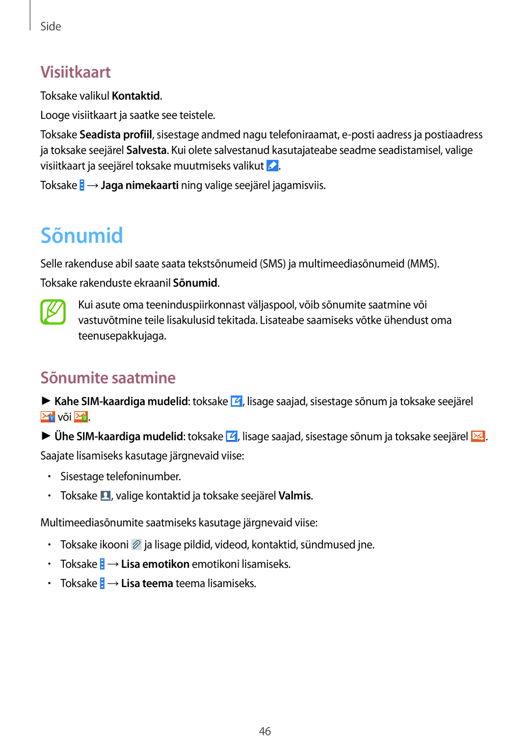 Samsung CG-G355HZWSEST, CG-G355HZKSEST manual Sõnumid, Visiitkaart, Sõnumite saatmine 