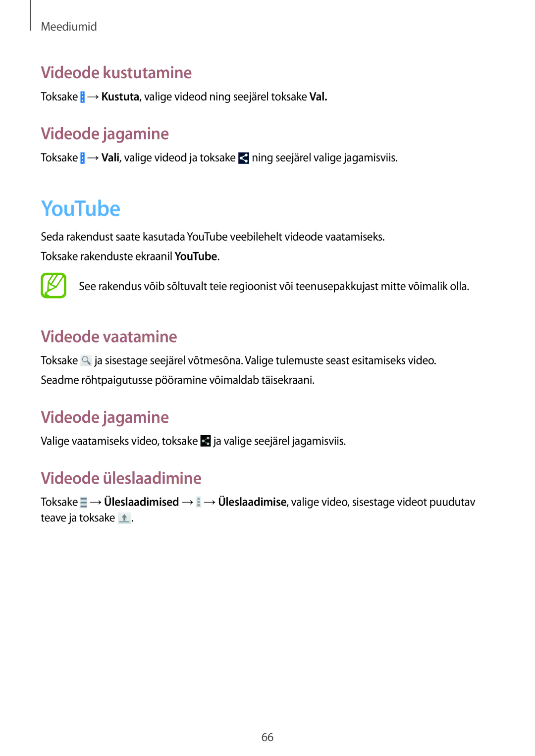 Samsung CG-G355HZWSEST manual YouTube, Videode kustutamine, Videode jagamine, Videode vaatamine, Videode üleslaadimine 