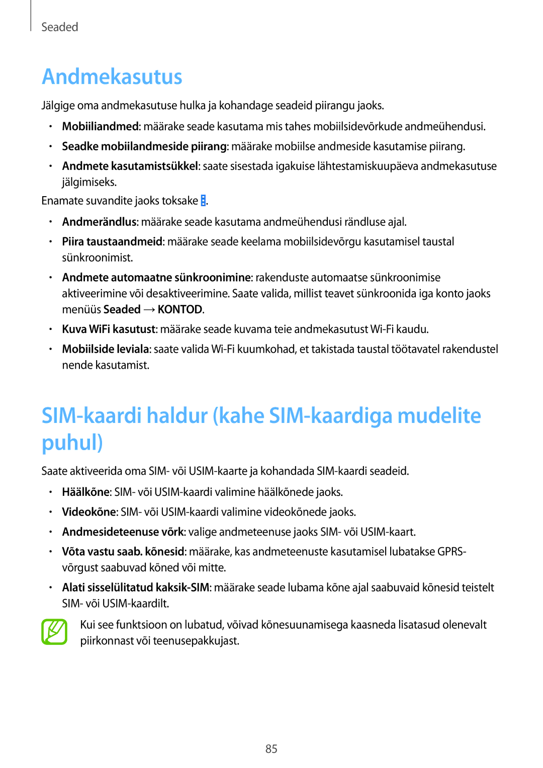 Samsung CG-G355HZKSEST, CG-G355HZWSEST manual Andmekasutus, SIM-kaardi haldur kahe SIM-kaardiga mudelite puhul 