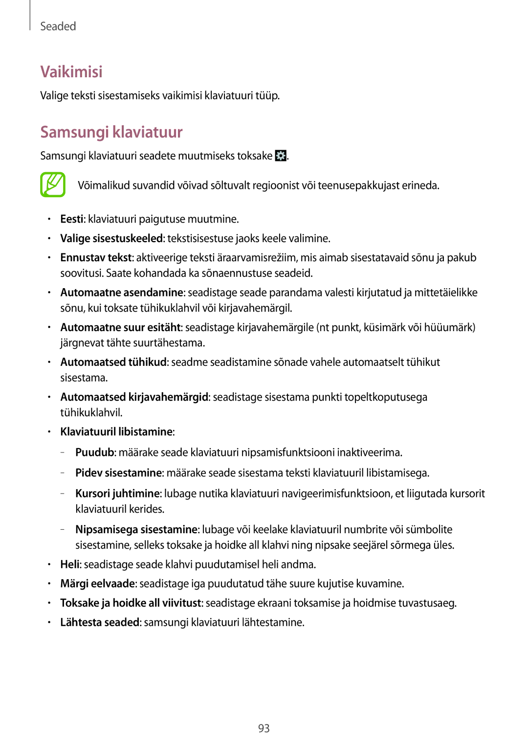 Samsung CG-G355HZKSEST, CG-G355HZWSEST manual Vaikimisi, Samsungi klaviatuur, Klaviatuuril libistamine 