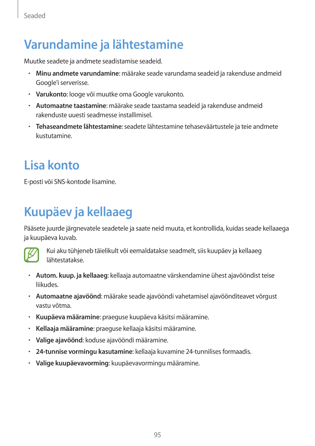 Samsung CG-G355HZKSEST, CG-G355HZWSEST manual Varundamine ja lähtestamine, Lisa konto, Kuupäev ja kellaaeg 