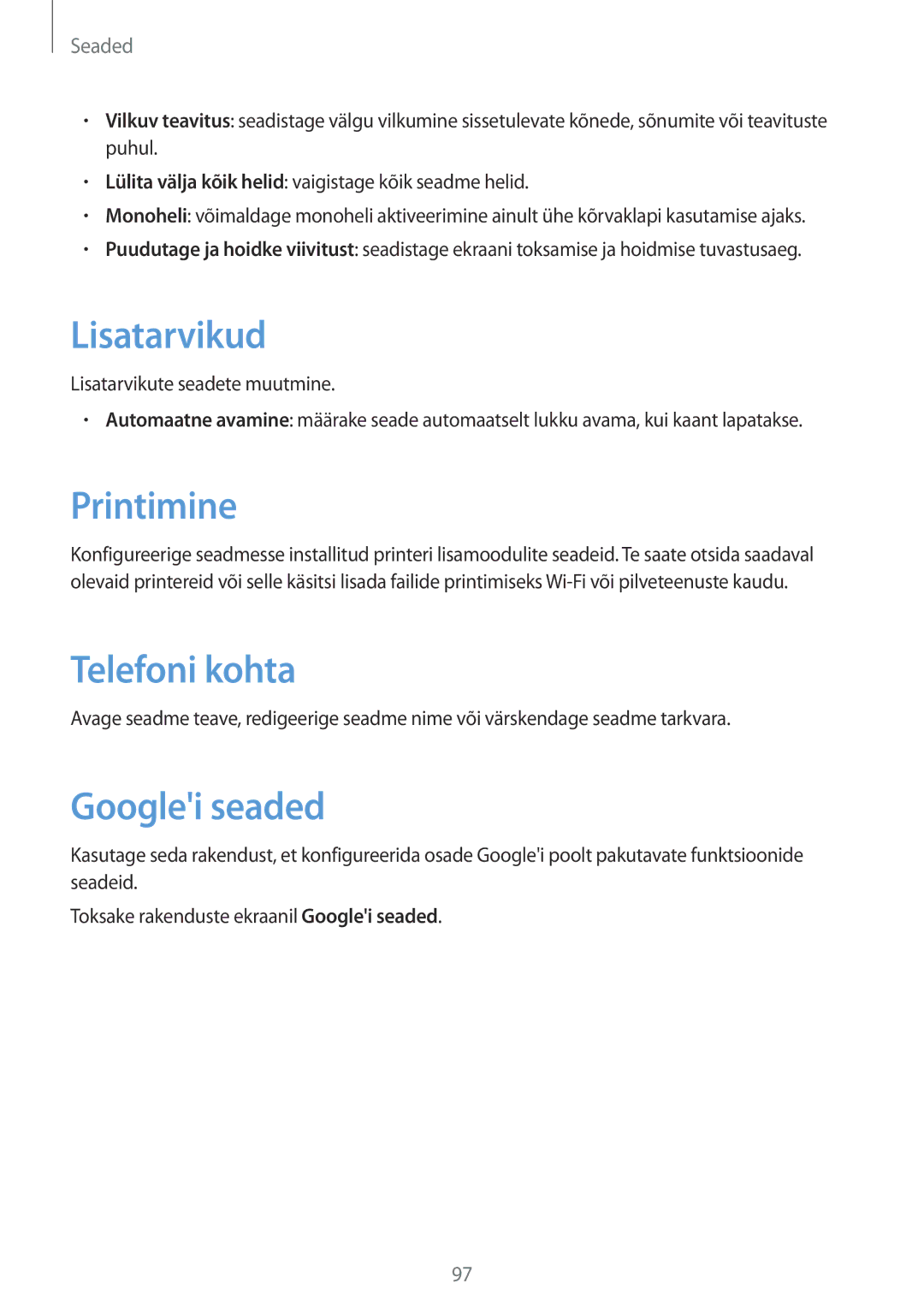 Samsung CG-G355HZKSEST, CG-G355HZWSEST manual Lisatarvikud, Printimine, Telefoni kohta, Googlei seaded 