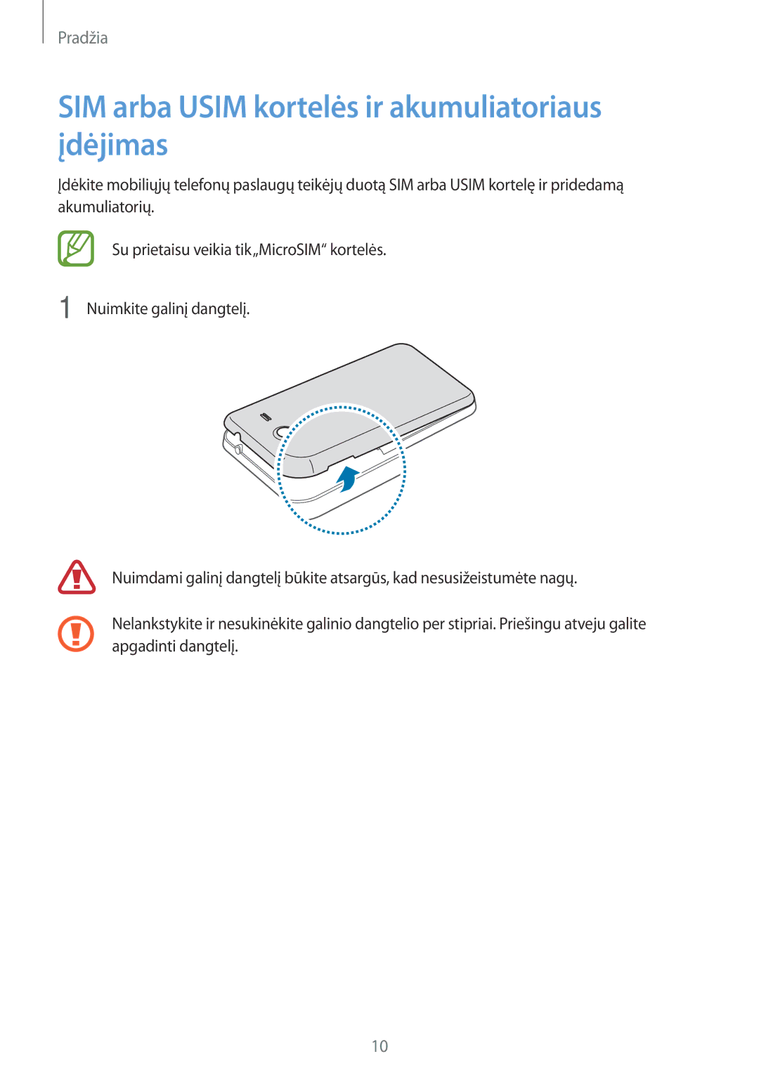 Samsung CG-G355HZWSEST, CG-G355HZKSEST manual SIM arba Usim kortelės ir akumuliatoriaus įdėjimas 