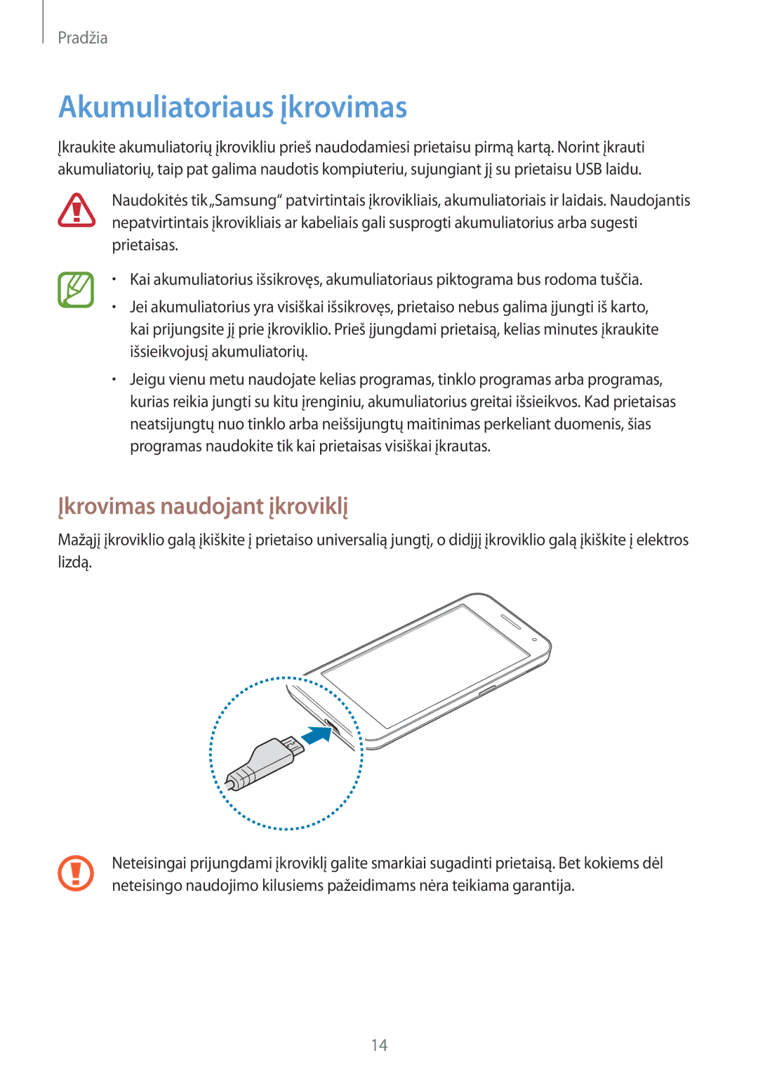 Samsung CG-G355HZWSEST, CG-G355HZKSEST manual Akumuliatoriaus įkrovimas, Įkrovimas naudojant įkroviklį 