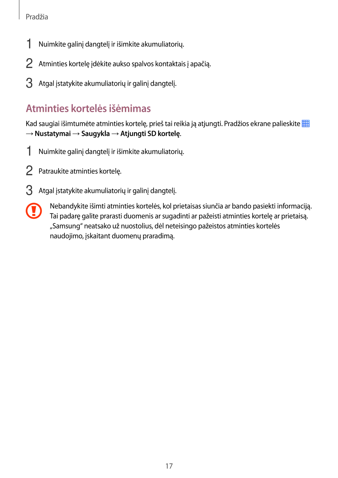 Samsung CG-G355HZKSEST, CG-G355HZWSEST manual Atminties kortelės išėmimas, → Nustatymai →Saugykla →Atjungti SD kortelę 