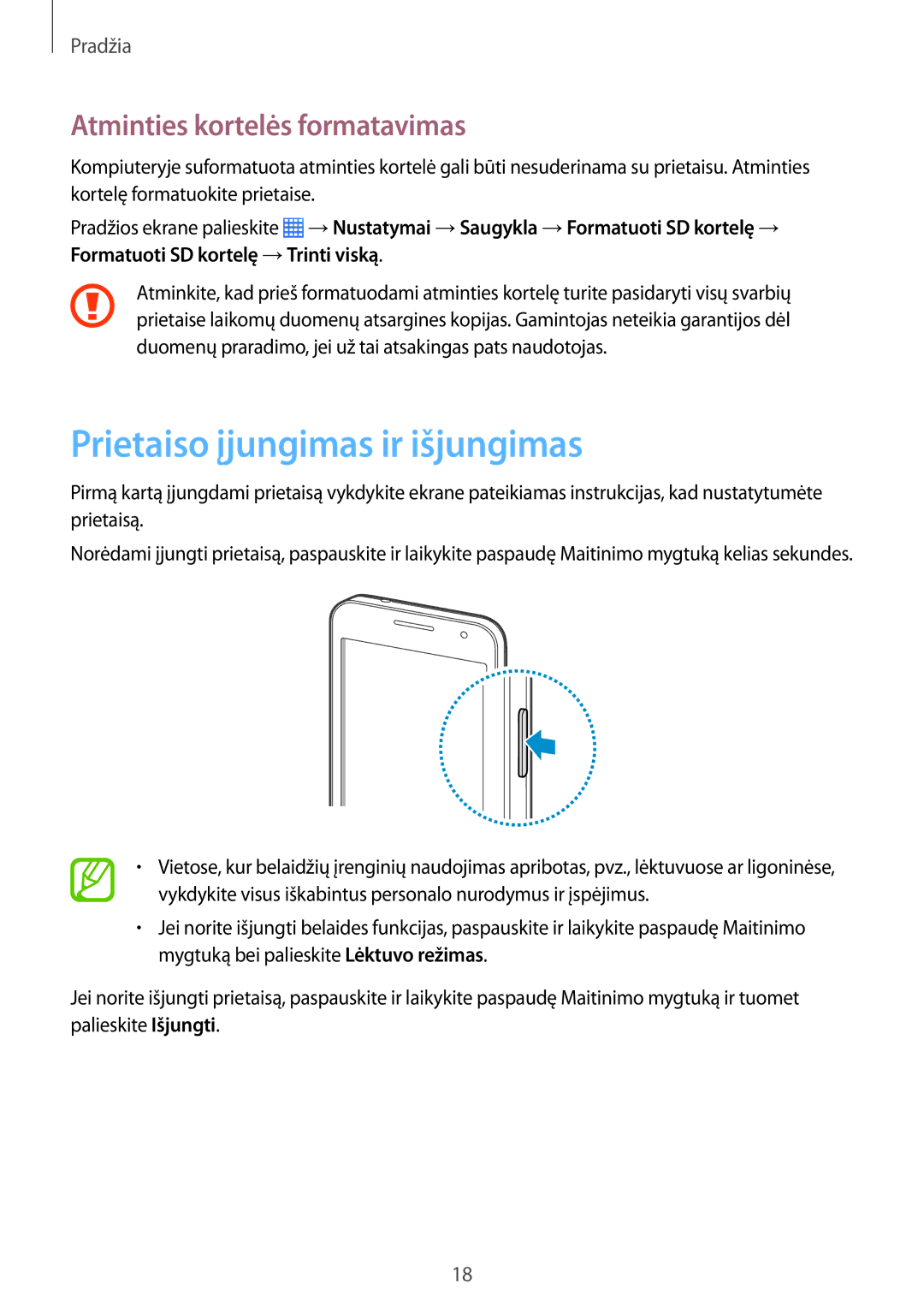 Samsung CG-G355HZWSEST, CG-G355HZKSEST manual Prietaiso įjungimas ir išjungimas, Atminties kortelės formatavimas 