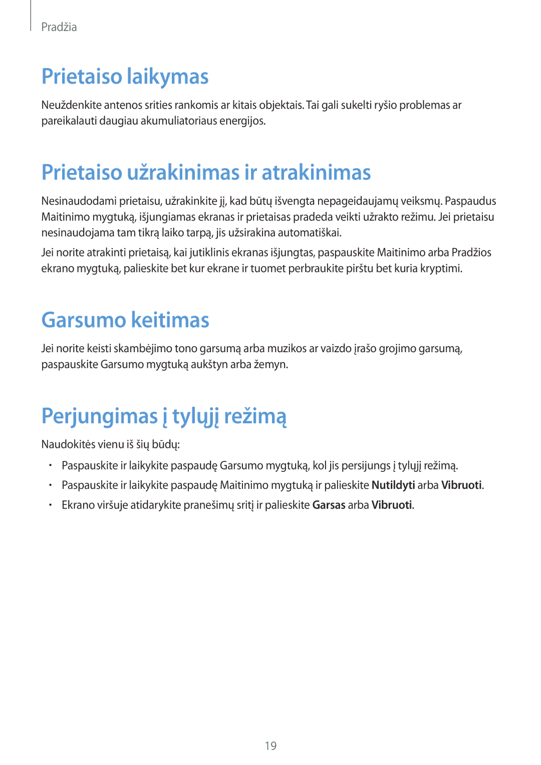 Samsung CG-G355HZKSEST, CG-G355HZWSEST manual Prietaiso laikymas, Prietaiso užrakinimas ir atrakinimas, Garsumo keitimas 