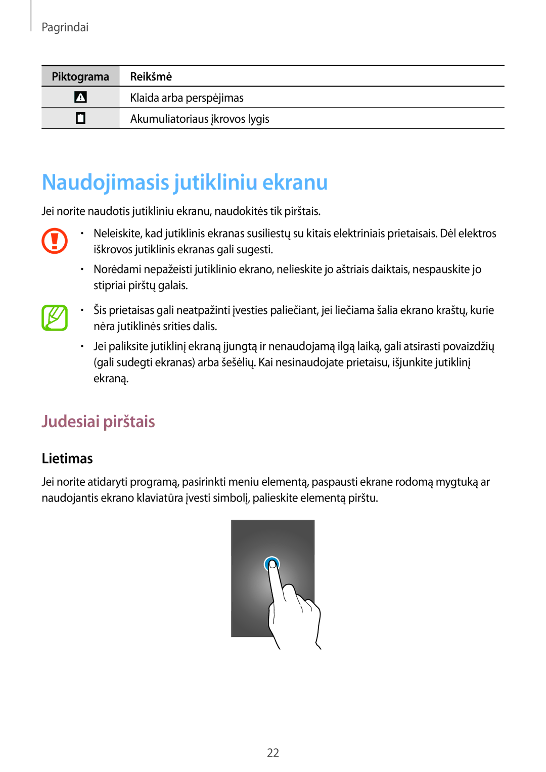 Samsung CG-G355HZWSEST, CG-G355HZKSEST manual Naudojimasis jutikliniu ekranu, Judesiai pirštais, Lietimas 