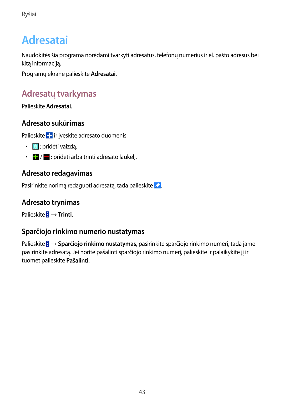 Samsung CG-G355HZKSEST, CG-G355HZWSEST manual Adresatai, Adresatų tvarkymas 