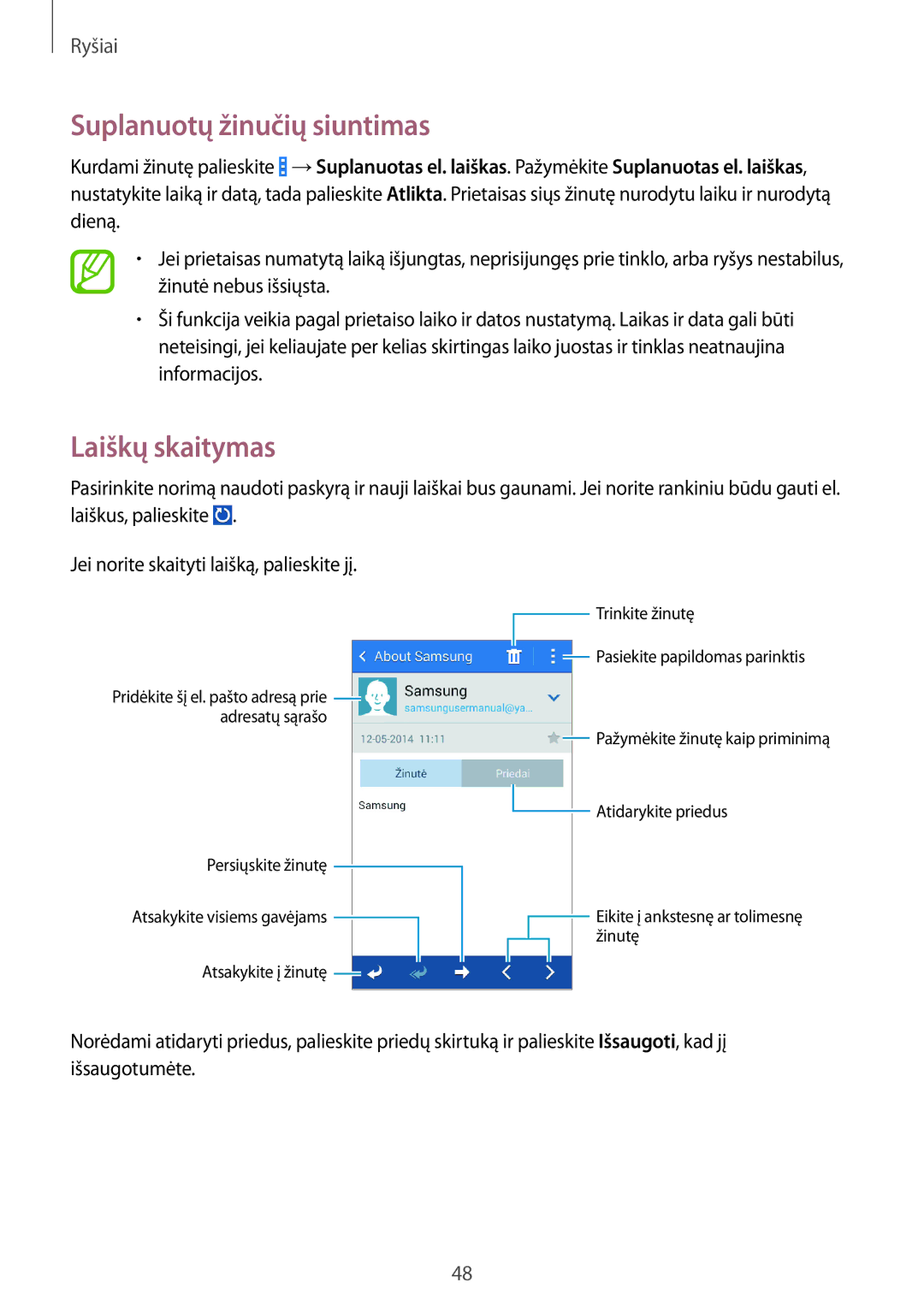 Samsung CG-G355HZWSEST, CG-G355HZKSEST manual Laiškų skaitymas 