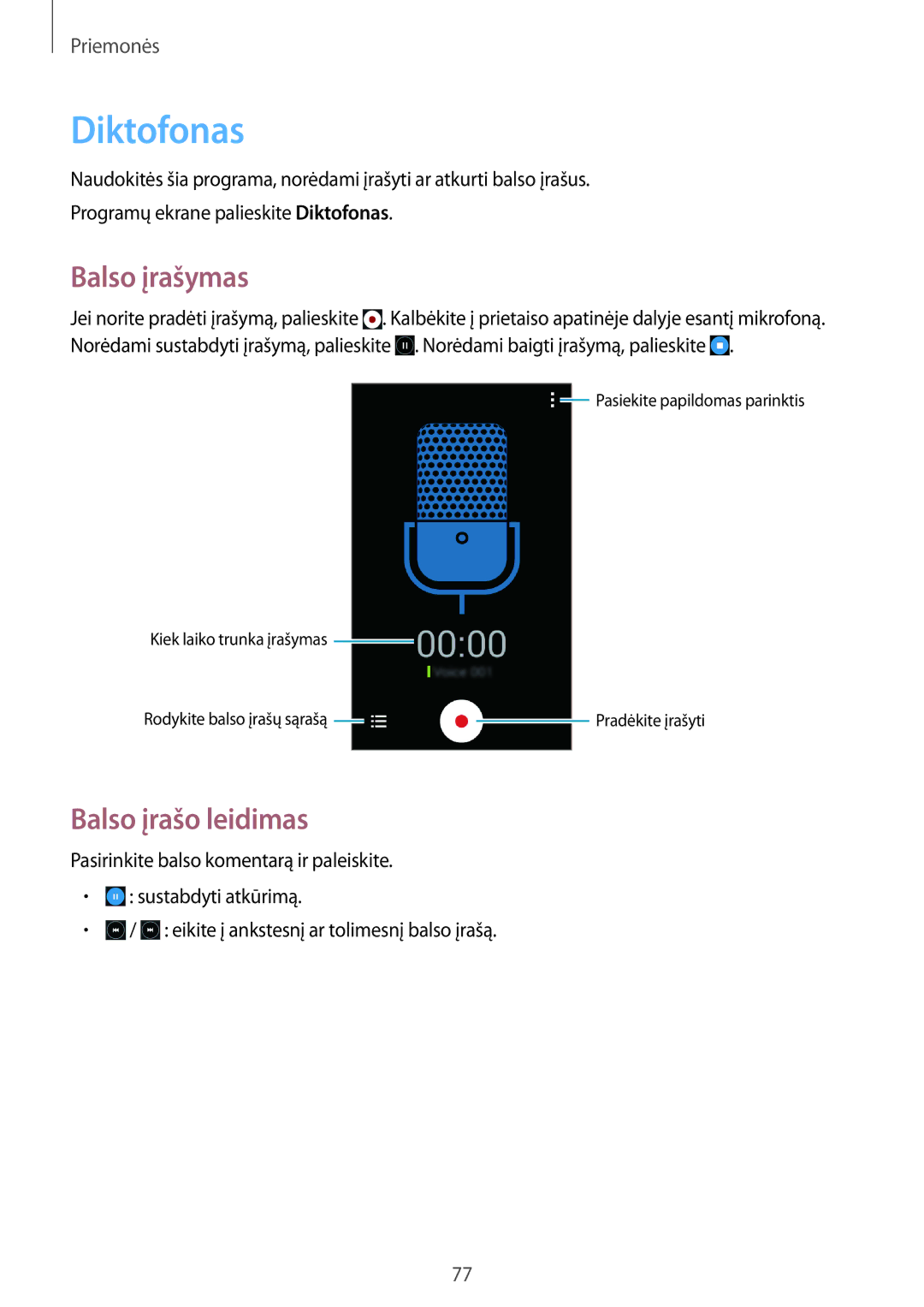 Samsung CG-G355HZKSEST, CG-G355HZWSEST manual Diktofonas, Balso įrašymas, Balso įrašo leidimas 