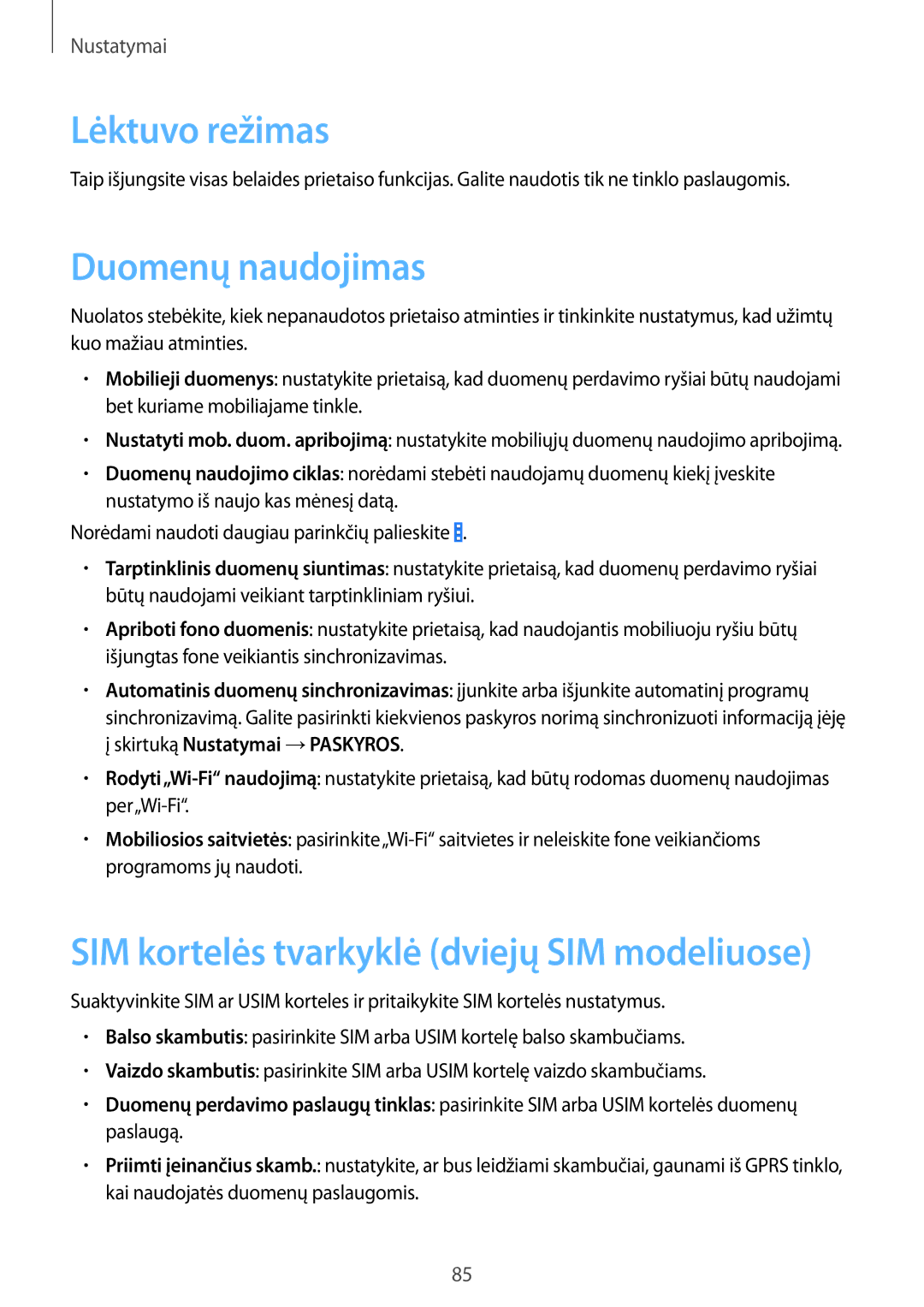 Samsung CG-G355HZKSEST, CG-G355HZWSEST manual Lėktuvo režimas, Duomenų naudojimas 