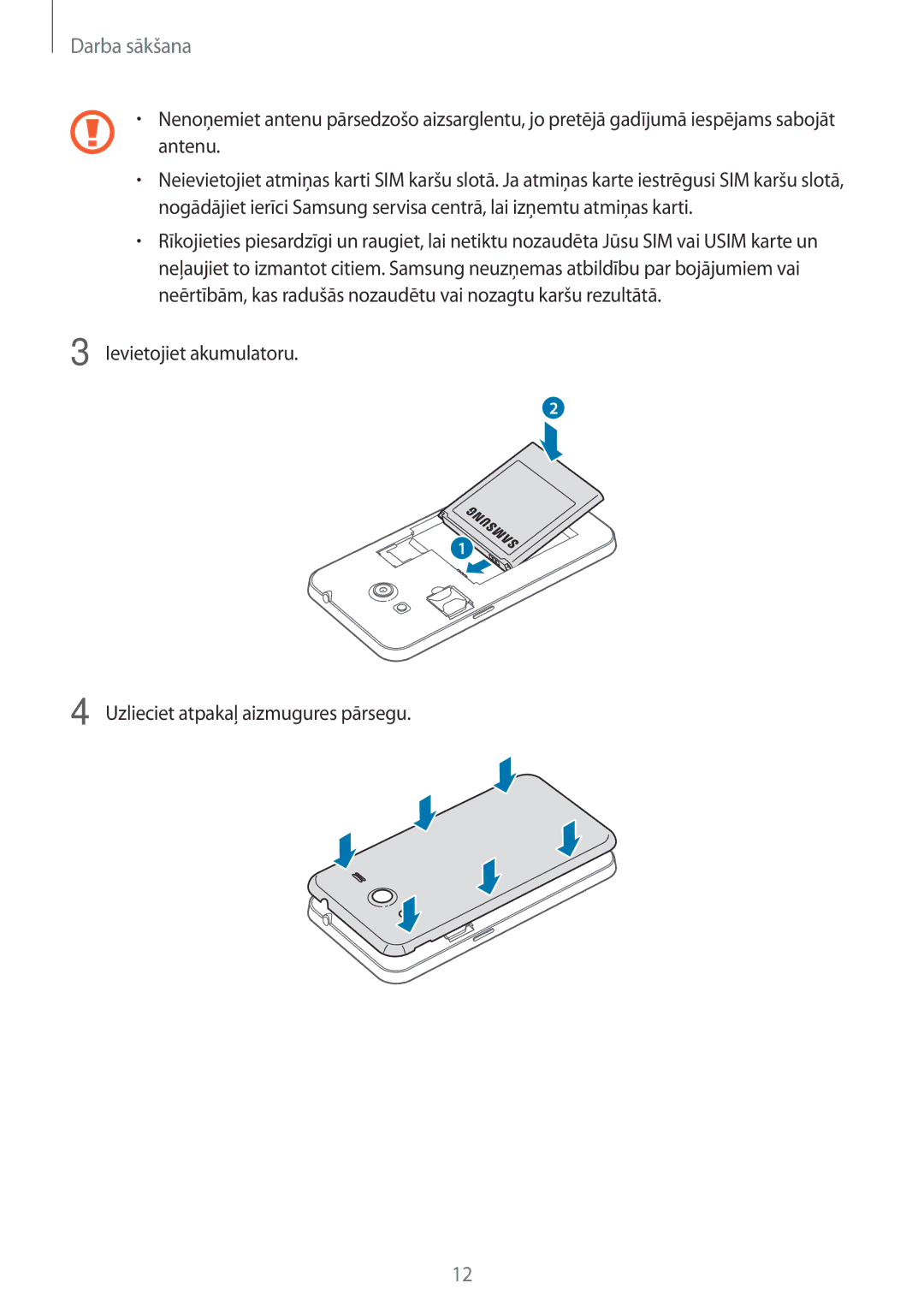 Samsung CG-G355HZWSEST, CG-G355HZKSEST manual Antenu, Ievietojiet akumulatoru Uzlieciet atpakaļ aizmugures pārsegu 