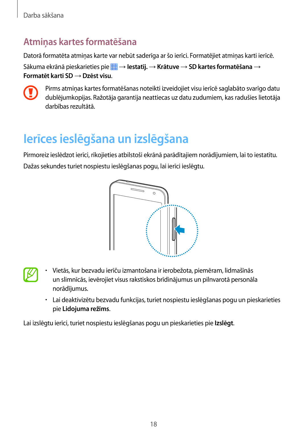 Samsung CG-G355HZWSEST, CG-G355HZKSEST manual Ierīces ieslēgšana un izslēgšana, Atmiņas kartes formatēšana 