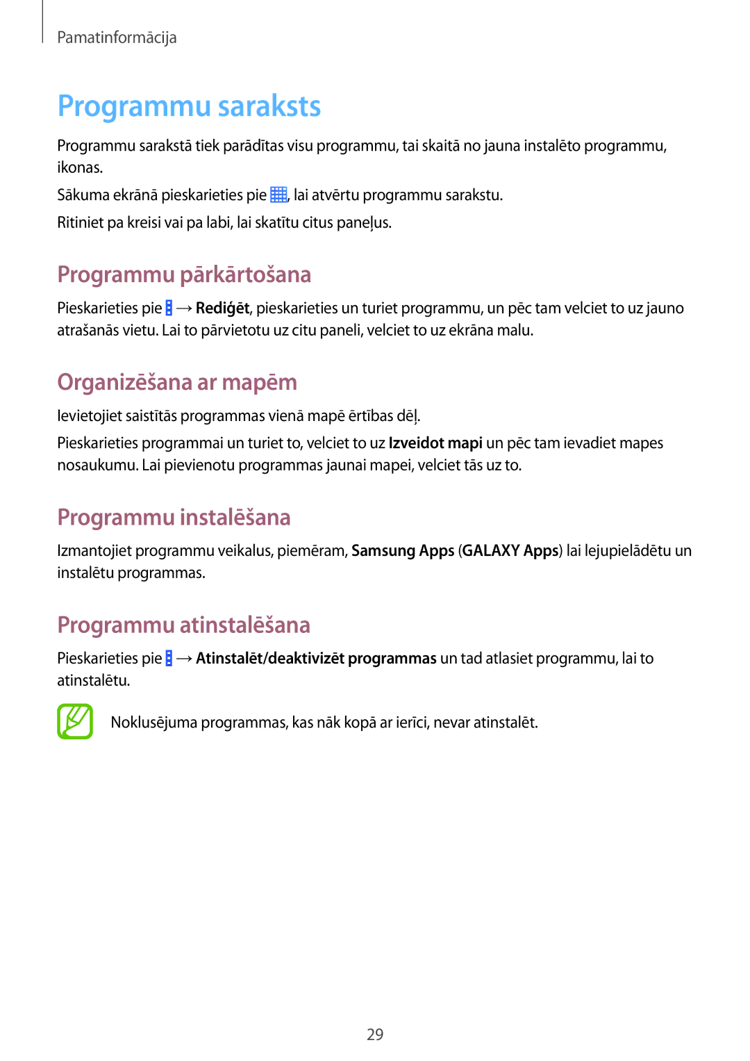 Samsung CG-G355HZKSEST manual Programmu saraksts, Programmu pārkārtošana, Organizēšana ar mapēm, Programmu instalēšana 