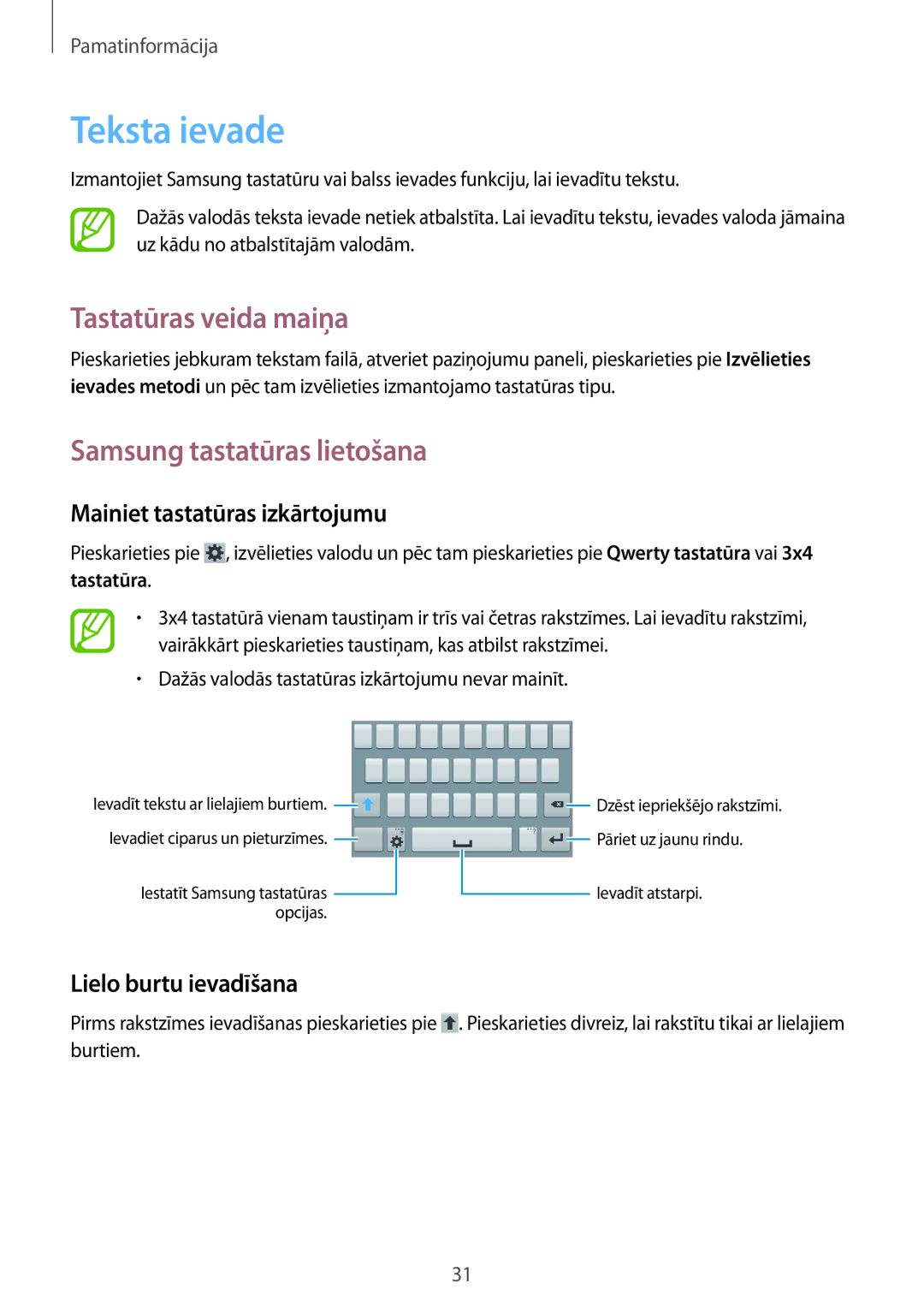 Samsung CG-G355HZKSEST Teksta ievade, Tastatūras veida maiņa, Samsung tastatūras lietošana, Mainiet tastatūras izkārtojumu 