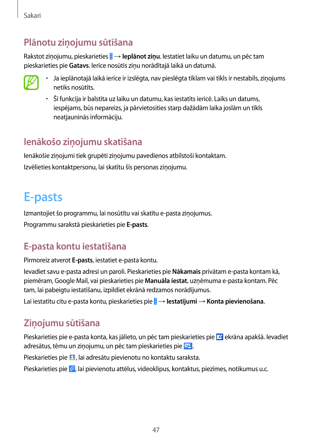 Samsung CG-G355HZKSEST manual Pasts, Plānotu ziņojumu sūtīšana, Ienākošo ziņojumu skatīšana, Pasta kontu iestatīšana 