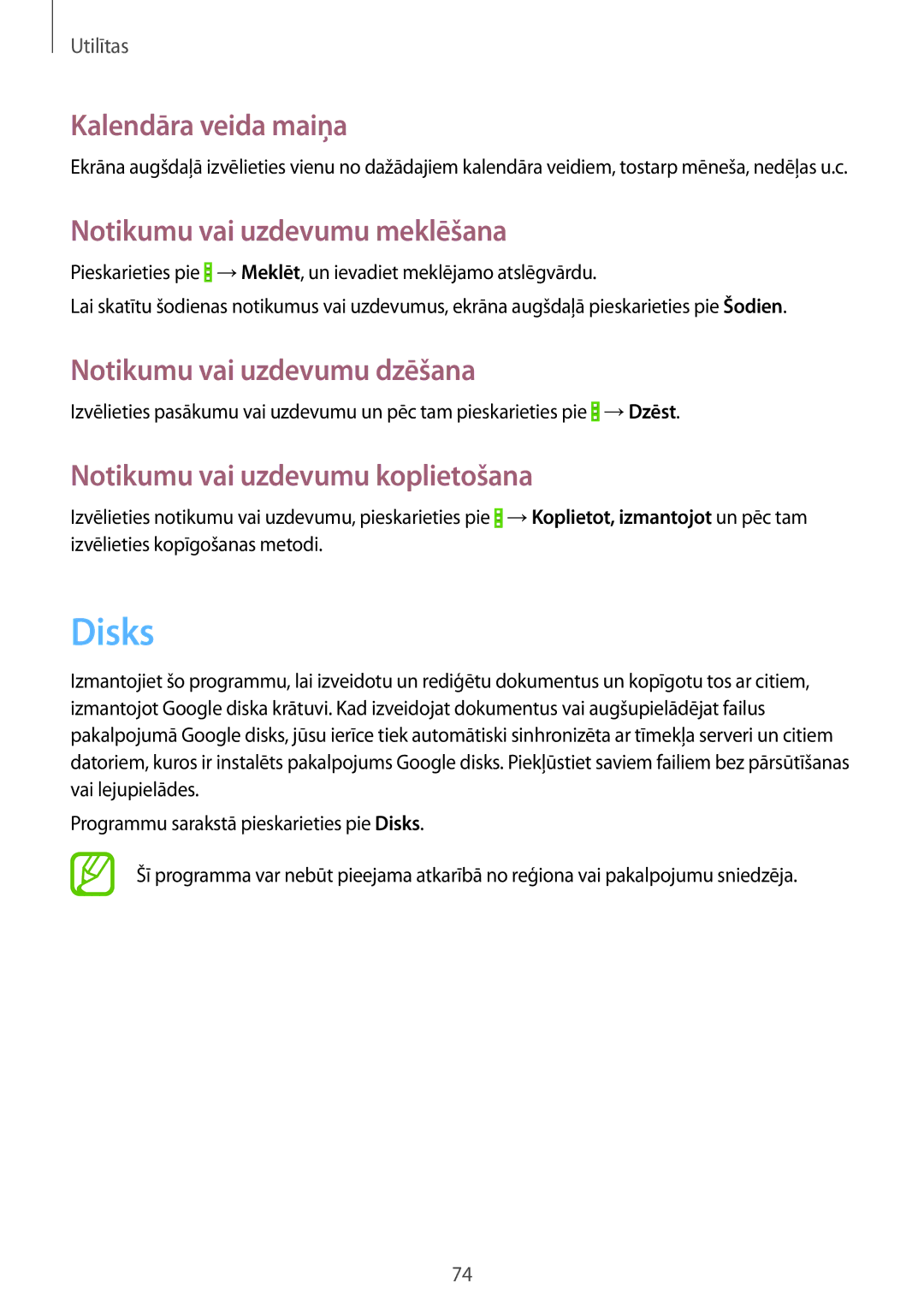 Samsung CG-G355HZWSEST manual Disks, Kalendāra veida maiņa, Notikumu vai uzdevumu meklēšana, Notikumu vai uzdevumu dzēšana 