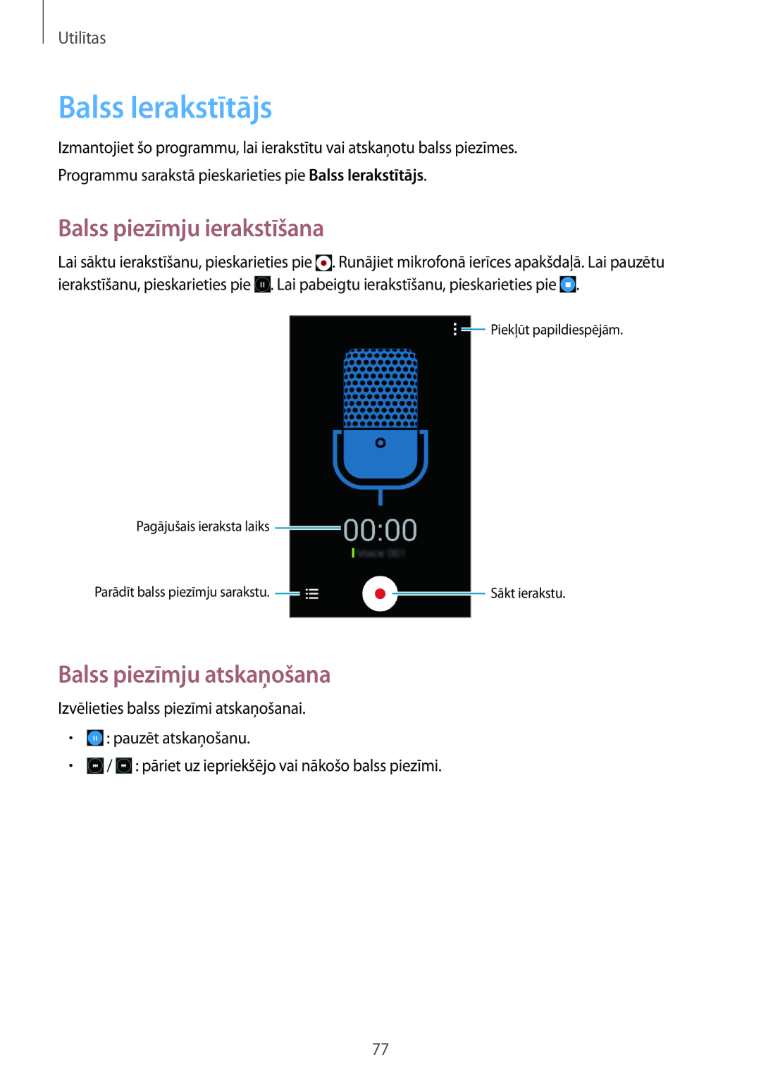 Samsung CG-G355HZKSEST, CG-G355HZWSEST manual Balss Ierakstītājs, Balss piezīmju ierakstīšana, Balss piezīmju atskaņošana 