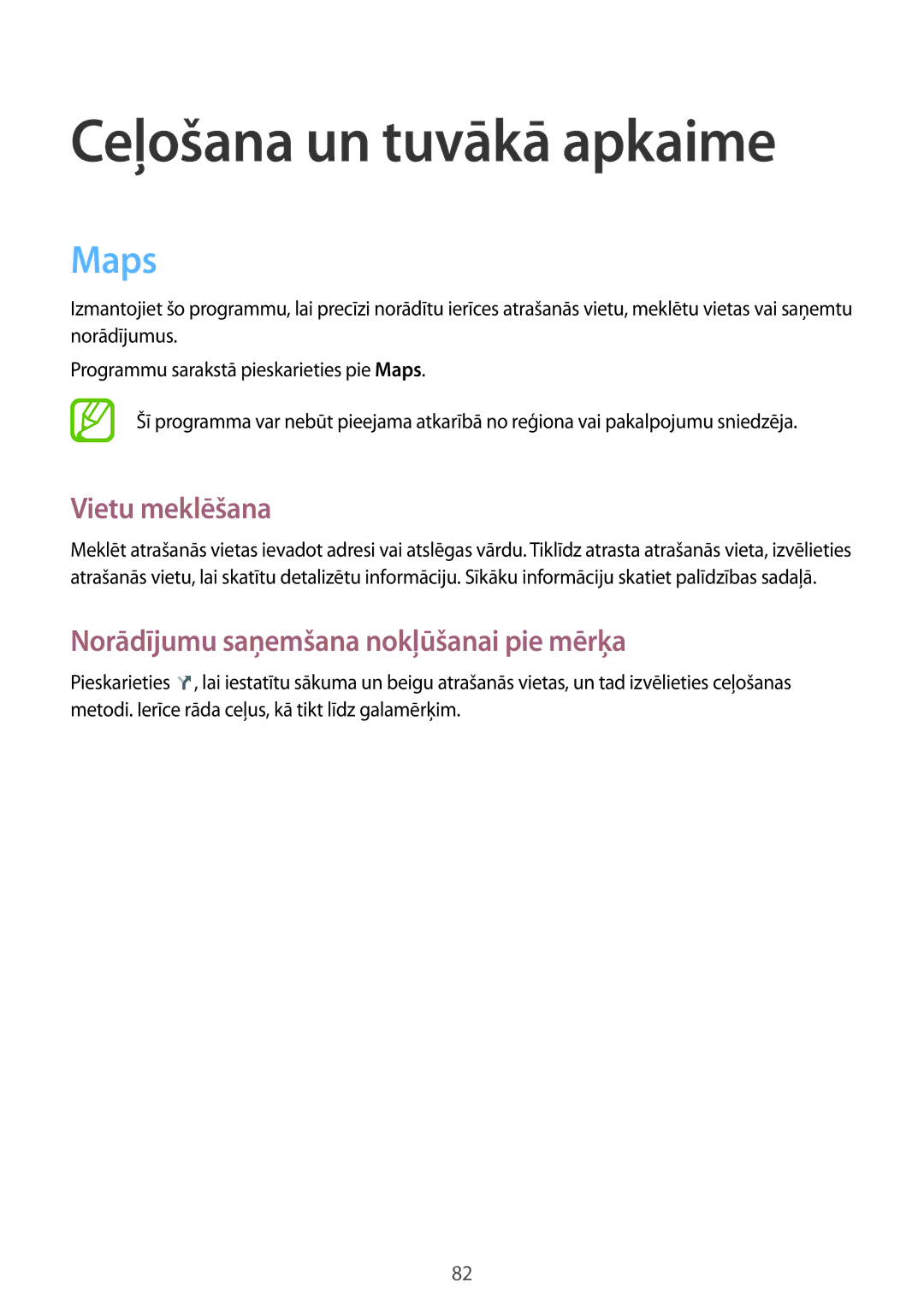 Samsung CG-G355HZWSEST manual Ceļošana un tuvākā apkaime, Maps, Vietu meklēšana, Norādījumu saņemšana nokļūšanai pie mērķa 